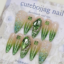 Green Glitter Handmade Nail Tips - Almond S / 그린 글리터 수제네일팁 - 아몬드S