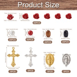 Pandahall 180Pcs Cinnabar Rose Flower Beads Rosary Kit Natural Wood Bead Crucifix Cross Pendants Tibetan Style Links for Bracelet Necklace Jewelry Making