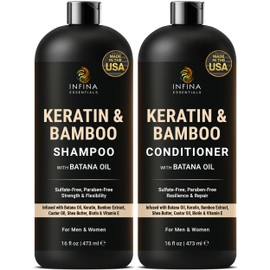 INFINA ESSENTIALS Keratin Shampoo and Conditioner Set | Frizz Control & Smoothing with Batana Oil & Bamboo Extract | Sulfate-Free | Men & Women | 16 fl oz Each