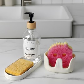 Ceramic Double Sponge Holder with Soap Tray, 2-Slot Countertop Sink Organizer, Modern White Kitchen Sponge & Dish Soap Holder, Rust-Free, Easy to Clean, Decorative Sink Caddy Set