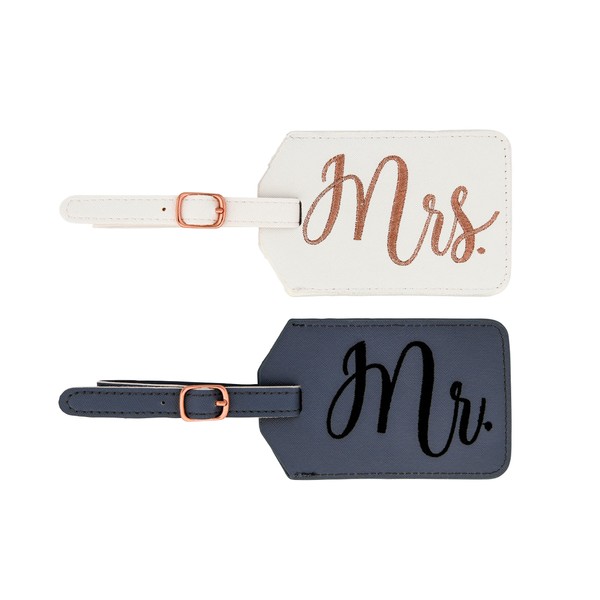 Miamica Mrs. and Mr. Faux Leather Luggage Tags with Sturdy Buckle Straps, 6.85" x 3", White & Gray, 2-Pack