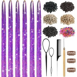 Purple Hair Tinsel Kit for Girls 1800 Strands Fairy Tinsel Hair Extensions Holographic Hair Tinsel Heat Resistant Colored Hair Glitter Christmas Party Festival (Purple)