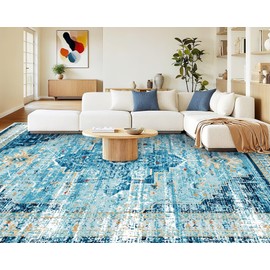 ANSSO 6x9 Area Rug, Extra Soft Vintage Faux Wool Washable Rug, Pets & Kids Friendly Carpet with Non-Shedding for Bedroom, Apartment, Living Room, Office Decor Aqua