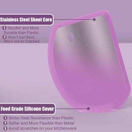 Silicone Dough Scraper with Stainless Steel Sheet, Curved Edge Flexible Bowl Scraper for Baking, Food Grade Silicone Bench Scraper for Sourdough Bread Proofing Basket, Set of 2, Gray & Purple, SAPID