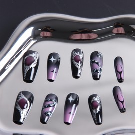 Melines 3D Gothic Black Starry Snake Motif 30pcs Medium Square Nails, Colorful Full Cover Artificial Stick on Nails Kit