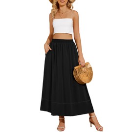 Colormagic Womens Boho Maxi Skirt High Waisted Contrast-Stitch Flowy Long Skirts for Women with Pockets(Black,L)