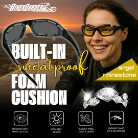 Bikershades Rhinestone Motorcycle Sunglasses Foam Padded for Women. (Smoke Black + Yellow Black)
