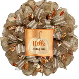 Hello White Pumpkin Handmade Deco Mesh Wreath