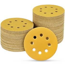 POTUINOM 100PCS 5 Inch 8 Hole Sanding Discs 240 Grit,Gold Round Hook and Loop Sandpaper for Random Orbital Sander
