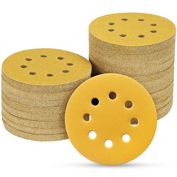 POTUINOM 100PCS 5 Inch 8 Hole Sanding Discs 240 Grit,Gold