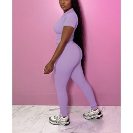 HBQ Women Two Piece Outfits Workout Sets Ribbed Casual Jogging Suits Short Sleeve Tracksuits-XXL-Purple