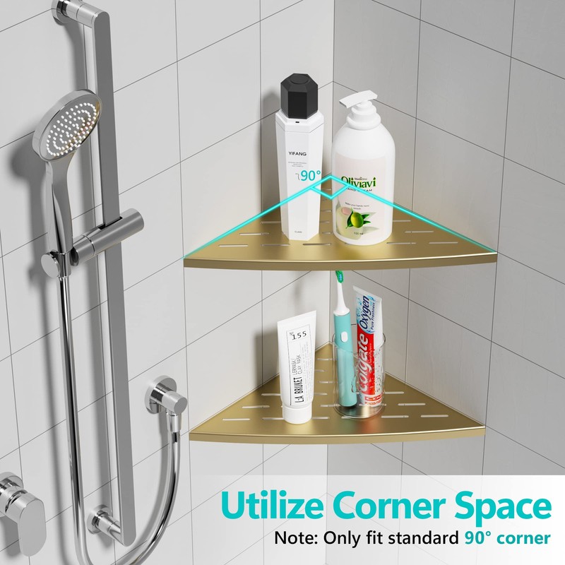 Qeke Corner Shower Shelf Brushed Golden, 304 Stainless Steel 11.5”