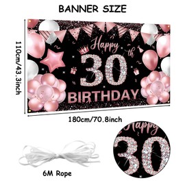 30th Birthday Backdrop Banner,BTZO Happy 30th Birthday Decorations,Rose Goldand Black Birthday Fabric Photo Backdrop Background for Men Women 30th Birthday Anniversary Party Decor,180×110cm