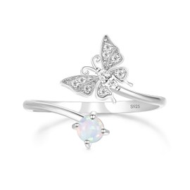 TIGRADE 925 Sterling Silver Adjustable Created Opal Rings Stacking Rings for Women Cubic Zirconia Dainty Eternity Ring, Butterfly, Size 7