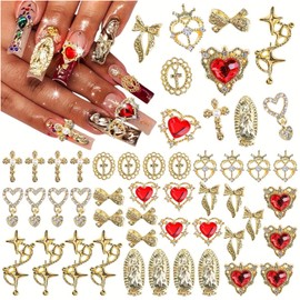 CharmeFleur 40 Pieces Gold Nail Charms for Acrylic Nails, Mixed Styles Shiny Pearl Alloy Nail Cross Butterfly Bow Heart Star Charms for Women's Nail Art