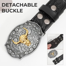 SANSTHS Western Cowboy Belt Men Bull Buckle Belt Women Western Floral Engraved Leather Belt for Jeans, Black/Gold Bull