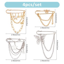 SUPERFINDINGS 4 Style Decorative Safety Pins Punk Collar Brooches Waistband Waist Tightener Safety Pin with Hanging Chains Alloy Star Butterfly Brooch for Bag Scarf