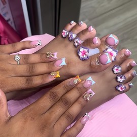 48Pcs Blue French Tip Press on Nails Pink French Tip Press on Toenails Set Medium Square Duck False Nails with Butterfly Dollar Charms Design Full Cover Reusable Fake Acrylic Nails for Women Manicure