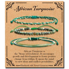 BONNY BOXX Handmade Natural African Turquoise Bracelet Set, 4mm Healing Gemstone Beaded Bracelet with 2PCs Adjustable Braided Rope Bracelet for Men Women