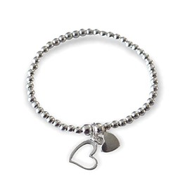 Silver Colour Round Beads With Heart Charms Stretchable Bracelet