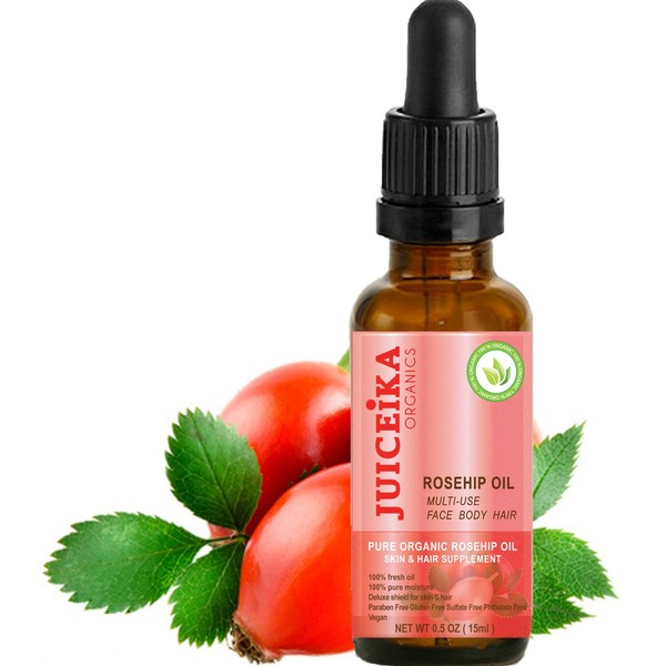 ORGANIC ROSEHIP OIL 100% PURE & ULTRA LIGHT. CERTIFIED ORGANIC. 100% Pure Moisture. Deluxe Shield for Skin & Hair. The best ultimate skin & hair care with Vitamins A, E, and C, Omega 3, 6 & 9 -irreplaceable "Oil Of Youth". 0.5 fl.0z -15ml. by Juiceika Organic