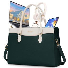 RAINSMORE Laptop Bag for Women 15.6 Inch Waterproof PU Leather Work Tote Bags Large Laptop Purse for Women Professional Womens Briefcase Computer Bags for Business Office Teacher, Green & White