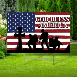 Pinkunn Memorial Day Decorations Outdoor Sign Large 25 x 16 Inch 4th of July Yard Signs with H Stake Patriotic Flag God Bless American Decor for Independence Day Lawn Garden, Red White Blue
