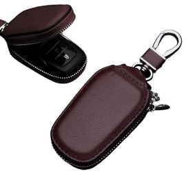 Yourkar Car Key Case, Genuine Leather Auto Fob Storage Bag, Chain Holder Ring Zipper Bag, Car Accessories (Coffee)