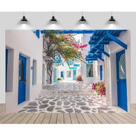 CHNBGPRO 1.5m x 1m Greece Backdrop Santorini Morocco Blue Window Flowers Street Scenery Photo Background for Greece Wedding Birthday Party Decor Music Drama Backdrop Photo Booth Props
