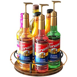 Nuovoware 7 Bottles Rotating Coffee Syrup Rack, Coffee Syrup Rack Organizer Carbon Steel Frame with Wooden Base Bottle Holder for Coffee Flavored Syrups Table Top Thermos Liquor, Black & Brown