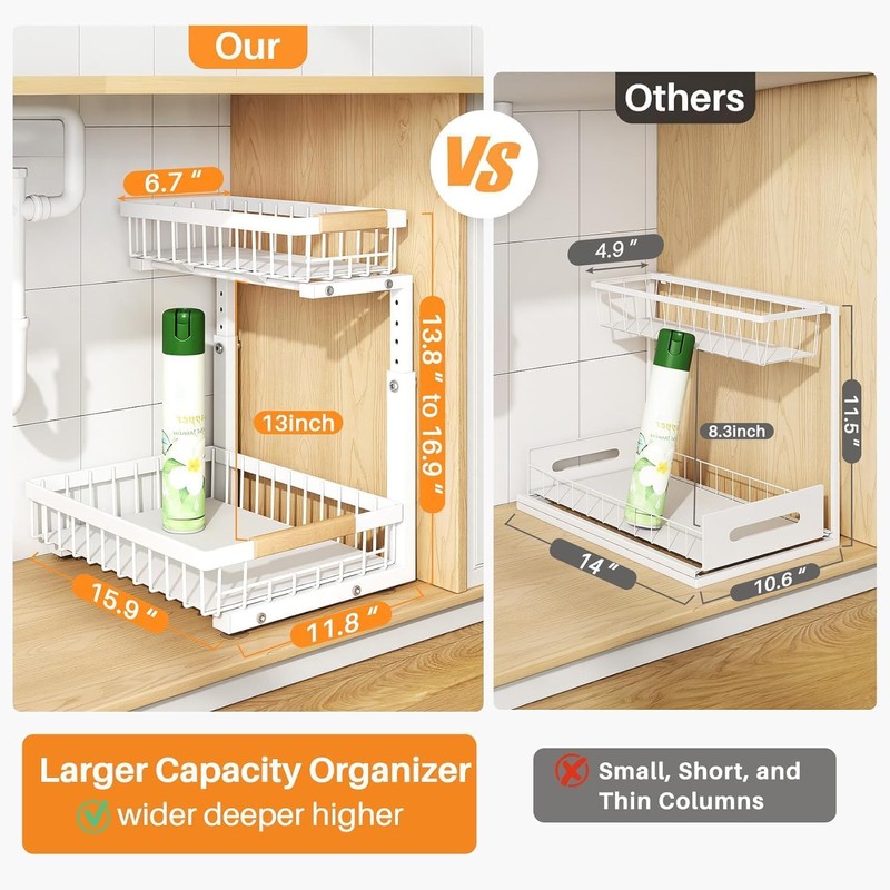 PXRACK 2 Pack Under Sink Organizer,Adjustable Height,2 Tier Pull Out