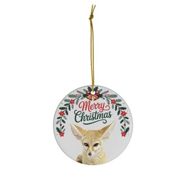 Funny Large Ears Fennec Fox Christmas Ornament Ceramic Circle White - Merry Christmas 2025 Holiday Keepsake Decoration - Xmas Tree Hanging Decor Gifts for Fox Lovers