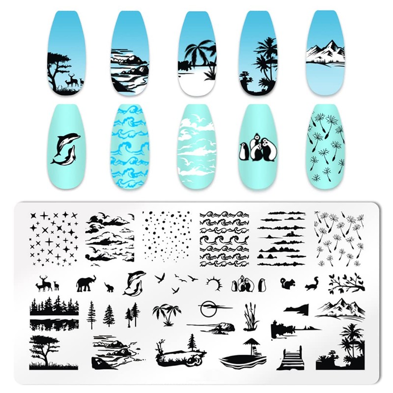 JERCLITY 6pcs Seaside Scenery Nail Stamping Plate Nail Stamping Kit