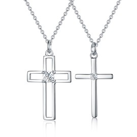 SOULMEET Matching Silver Crosses Necklace Set for Couples Mother Family Sisters Friends 2 Always Be With You (White CZ)