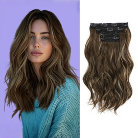 Clip in Hair Extensions, 14 Inch Hair Extensions Clip Ins 4 Pcs Synthetic Curly Wavy Hair Extensions Thick Clip on Hair Extensions Hairpiece(Mixed Brown&Blonde)