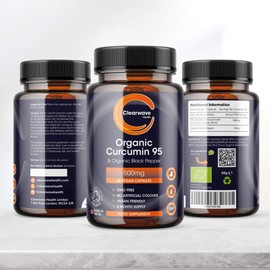Organic Curcumin 95 with Black Pepper - Containing ONLY Organic Curcumin (The Active Component of Turmeric) - 500mg Curcumin - 60 Capsules - Made in The UK