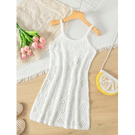 Milumia Girl's Crochet Swim Cover Up Knitted Beach Cami Dress Bikini Coverups White 8Y