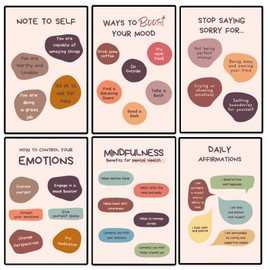 6 Pieces Mental Health Posters Anxiety Therapy Motivational Poster Psychologist Counselor Inspirational Posters Positive Quotes Wall Decor Classroom Home Office - 11x17 in. LAMINATED - No Frame