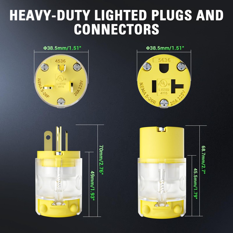 Yomiuwo 20 Amp Extension Cord Ends Lighted Connector Extension Cord