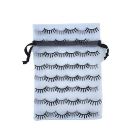 Boutique Marketing LLC Lash Print Organza Bag | 25 Pack | Size 5x7 inch inch | Lash Aftercare Kit Bag | White Bag with Black Simple Lash Print and Black Satin Drawstring Design