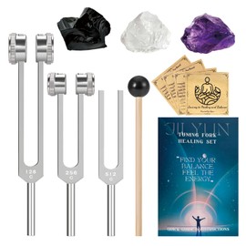 Sound Healing Tuning Fork Set – 128Hz, 256Hz, 512Hz for Chakra Balancing, Meditation & Yoga with Crystals (Obsidian, Amethyst, Clear Quartz) – Complete Kit with Mallet, Storage Pouches & Gift Box