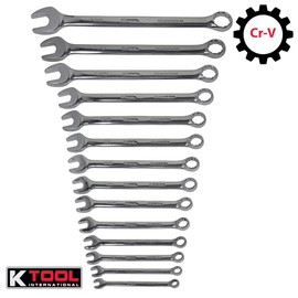K Tool International 41304 Long Pattern Combination Wrench Set, 14 Piece SAE Sizes, Polished Chrome Vanadium Steel, Extended Reach, Includes Storage Bag