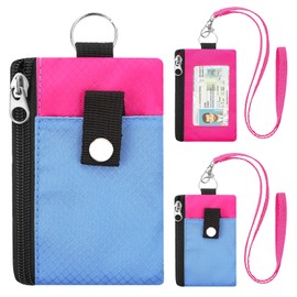 FORYEE Minimalist RFID Blocking Wallet with 2 Zip Pockets and Lanyard, Water Resistant ID Case with Key Ring and Cards Badge Holder, Coin Purse Pouch for Men and Women Travel Sports -BU+ROSE