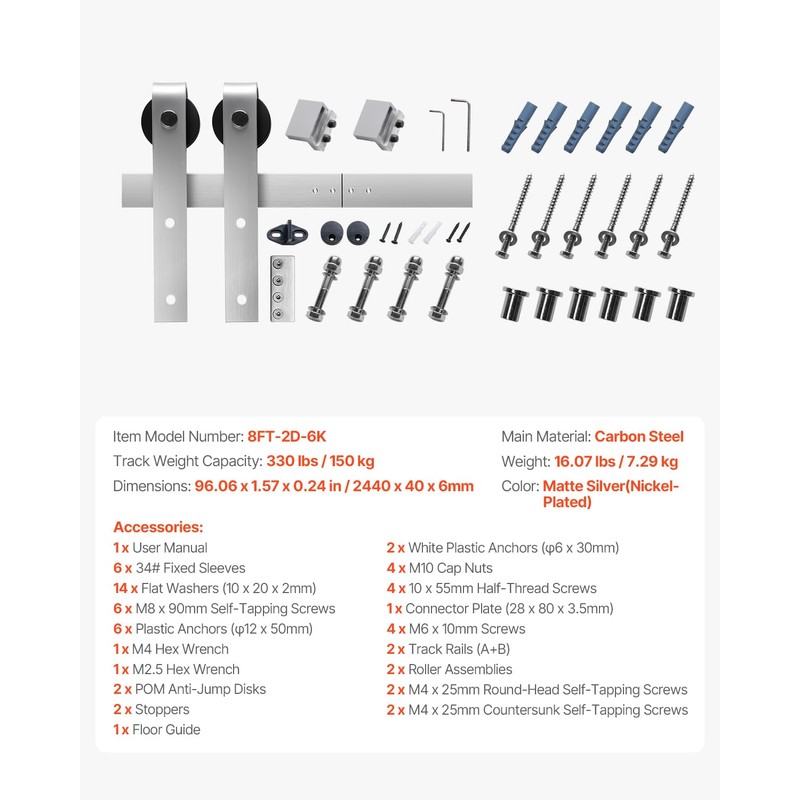 VEVOR 8FT Brushed Nickel Sliding Barn Door Hardware Kit, 330