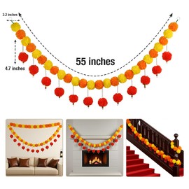 2 Pcs Marigold Garland with Pearls, 5 Feet Artificial Marigold Flowers Garland Diwali Decorations for Pooja Indian Home Parties Wedding Decoration Christmas Decoration, Yellow Orange