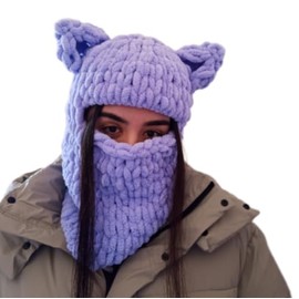 KLABELGIFT Cat Ear Crochet Balaclava Mask – Handmade Kitty Ski Hood, Kawaii Animal Ear Winter Face Cover, Cute Cosplay Streetwear Black