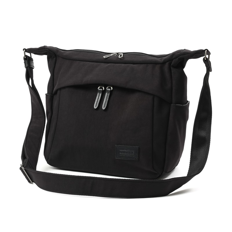 Mustache BAT-4071 Unisex Shoulder Bag, Polyester x Cowhide Leather, Black