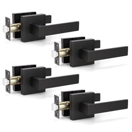 KNOBWELL 4 Pack Contemporary Square Door Handle Passage, Black Door Handles Inside, Interior Door Knob Set, Matte Black (No Lock/Key)