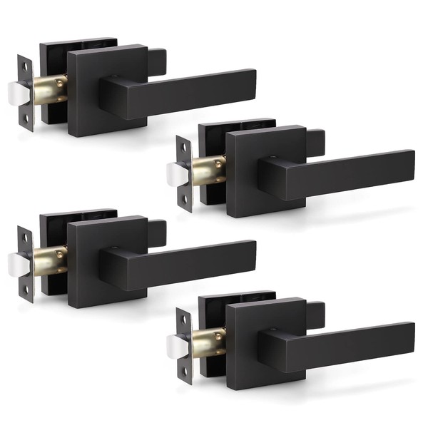 KNOBWELL 4 Pack Contemporary Square Door Handle Passage, Black Door