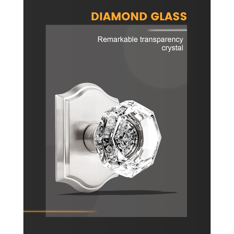 Satin Nickel Dummy Crystal Door Knob, Single Side No-Turning Glass